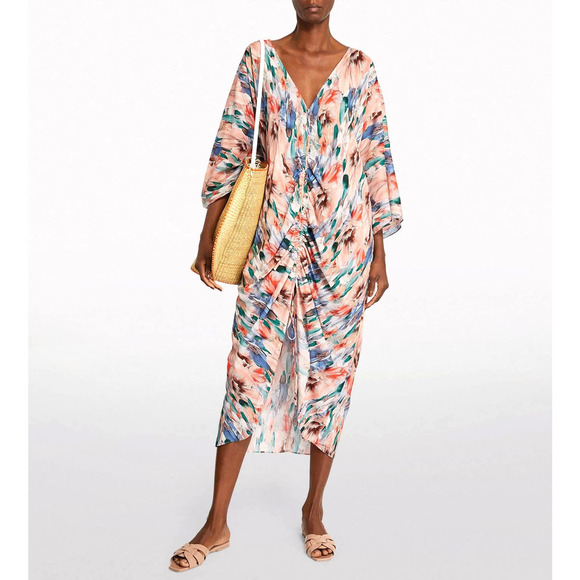 NWT Misa Los Angeles Dress Kaftan Tropical Floral Watercolor Midi Dress‎ XS/S